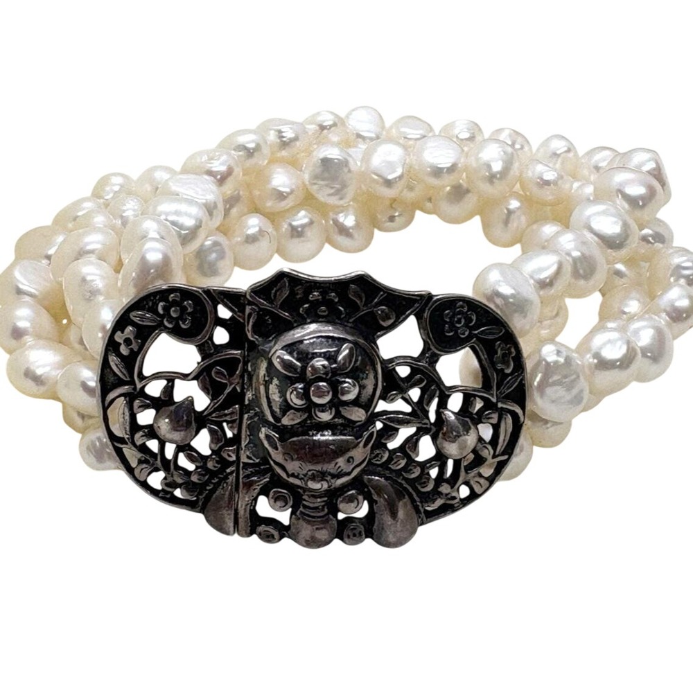 AKR Amy Kahn Russell Sterling Silver‎ & White FW Pearl Beaded Bracelet 6.5''